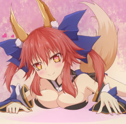 Rule 34 | 10s, 1girl, animal ears, bare shoulders, blush, bow, breasts, cleavage, detached sleeves, fate/extra, fate (series), fox ears, fox tail, gradient background, hair bow, hair ribbon, heart, heart-shaped pupils, highres, japanese clothes, large breasts, lying, nail polish, on stomach, pink hair, ribbon, solo, symbol-shaped pupils, tail, tamamo no mae (fate/extra), thighhighs, twintails, yellow eyes