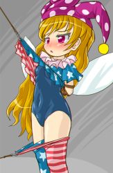 Rule 34 | 1girl, american flag dress, american flag legwear, arms behind back, bdsm, blonde hair, blush, bondage, bound, bound arms, clothes lift, clothes pull, clownpiece, dress, dress lift, fairy wings, hat, hook, jester cap, long hair, neck ruff, one-piece swimsuit, open mouth, pantyhose, pantyhose pull, print pantyhose, purple eyes, school swimsuit, short dress, short sleeves, solo, star (symbol), striped clothes, striped pantyhose, swimsuit, swimsuit under clothes, tears, touhou, wings, winn