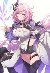 Rule 34 | 1girl, black shorts, black thighhighs, blue eyes, breasts, cape, cleavage, closed mouth, commentary, cowboy shot, dress, elysia (herrscher of human:ego) (honkai impact), elysia (honkai impact), elysia (miss pink elf) (honkai impact), fur-trimmed cape, fur trim, hair ornament, honkai (series), honkai impact 3rd, long hair, looking at viewer, medium breasts, midriff, pink hair, pink pupils, pointy ears, short shorts, shorts, simple background, smile, soha ez, solo, thigh strap, thighhighs, very long hair, waist cape, white background, white dress, zettai ryouiki