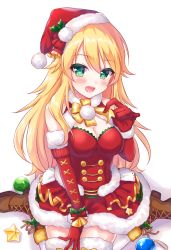 Rule 34 | 1girl, :d, anoa, bad id, bad pixiv id, blonde hair, blush, breasts, cleavage, cross-laced footwear, elbow gloves, frilled skirt, frills, gloves, green eyes, hat, highres, hoshii miki, idolmaster, idolmaster (classic), long hair, looking at viewer, open mouth, red gloves, red hat, santa hat, simple background, skirt, smile, solo, white background