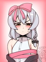 Rule 34 | 1boy, 1girl, 7a (se7ena), bare shoulders, blush, bow, braid, broken horn, character request, closed mouth, grey hair, hair bow, highres, horns, looking at viewer, male focus, orange eyes, pink bow, solo focus, striped, striped bow, sweat, tongkkangi, tongkkangi (streamer), trap, upper body, virtual youtuber