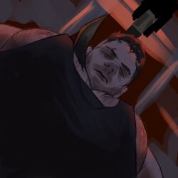 Rule 34 | 1boy, bara, beard stubble, black hair, black tank top, david king (dead by daylight), dead by daylight, eyebrow cut, facial hair, foreshortening, highres, large pectorals, looking at viewer, looking down, lukasvdm (dadfckr), male focus, meme, muscular, muscular male, nipple slip, nipples, pectoral cleavage, pectoral focus, pectorals, photo-referenced, short hair, sidepec, solo, stubble, tank top, thick chest hair, thick eyebrows, undercut, upper body, yur oc like this (meme)