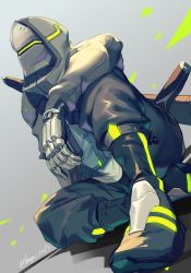 Rule 34 | 1boy, armor, bad id, bad twitter id, baggy pants, commentary request, cyborg, faceless, genji (overwatch), hage2013, hood, hoodie, looking afar, male focus, mechanical hands, over shoulder, overwatch, overwatch 2, pants, power armor, sheath, sheathed, shoes, single mechanical hand, sitting, sneakers, solo, sword, sword behind back, sword over shoulder, weapon, weapon over shoulder