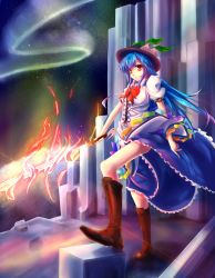 Rule 34 | 1girl, blue hair, boots, cross-laced footwear, female focus, food, fruit, highres, hinanawi tenshi, lace-up boots, long hair, mugen soukyuu, peach, red eyes, revision, solo, sword, sword of hisou, touhou, weapon