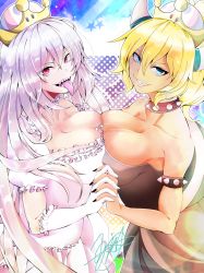 Rule 34 | 2girls, bare shoulders, blonde hair, blue eyes, bowsette, breast press, breasts, cleavage, dress, gloves, holding hands, highres, horns, large breasts, long hair, looking at viewer, mario (series), multiple girls, nintendo, princess king boo, red eyes, sharp teeth, silver hair, smile, super crown, symmetrical docking, teeth, tongue, tongue out