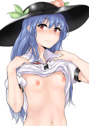 Rule 34 | 1girl, black hat, blue hair, blush, breasts, closed mouth, clothes lift, collared shirt, eyebrows, flat chest, food, frills, fruit, hat, highres, hinanawi tenshi, leaf, lifting own clothes, long hair, looking to the side, md5 mismatch, momo retasu, navel, nipples, no bra, peach, puffy short sleeves, puffy sleeves, red eyes, shirt, shirt lift, short sleeves, simple background, small breasts, solo, stomach, sweatdrop, touhou, upper body, white background, white shirt
