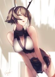 Rule 34 | 1girl, artist name, bare shoulders, black skirt, breasts, brown hair, cleavage, collar, focused, genyaky, gloves, green eyes, hand on own thigh, hand on thigh, headgear, kantai collection, large breasts, leaning forward, lips, looking at viewer, midriff, miniskirt, mutsu (kancolle), navel, pleated skirt, red legwear, short hair, skirt, smile, solo, upper body, white gloves