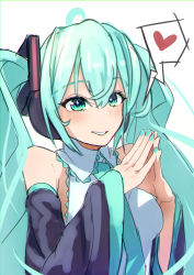 Rule 34 | 1girl, absurdres, ahoge, black sleeves, blue hair, blue necktie, collared shirt, detached sleeves, green eyes, hair between eyes, hands up, hatsune miku, heart, highres, kinosuke (pattaba), long sleeves, looking at viewer, necktie, parted lips, shirt, simple background, sleeveless, sleeveless shirt, sleeves past wrists, smile, solo, spoken heart, steepled fingers, upper body, vocaloid, white background, white shirt, wide sleeves
