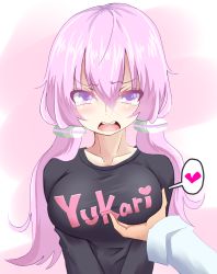 Rule 34 | 1girl, alternate breast size, bad id, bad pixiv id, grabbing another&#039;s breast, breasts, character name, clothes writing, grabbing, hair ornament, heart, highres, large breasts, long hair, looking at viewer, low twintails, open mouth, purple eyes, purple hair, sakakiba misogi, shirt, short hair with long locks, solo focus, t-shirt, tears, twintails, vocaloid, voiceroid, wavy mouth, yuzuki yukari