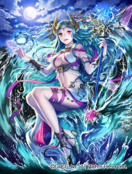 Rule 34 | 10s, 1girl, aqua hair, bare shoulders, blush, breasts, cleavage, cloud, esukee, full moon, hair ornament, high heels, large breasts, looking at viewer, midriff, moon, navel, night, night sky, official art, original, outstretched arm, parted lips, red eyes, ribbon, seisen cerberus, sitting, skirt, sky, smile, solo, wand, water, water dragon, wings, wristband