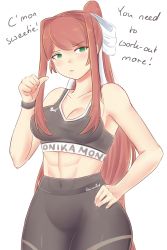 Rule 34 | 1girl, abs, absurdres, blush, breasts, brown hair, cleavage, closed mouth, doki doki literature club, english text, female focus, green eyes, highres, large breasts, long hair, looking at viewer, monika (doki doki literature club), muscular, muscular female, ponytail, raionart, serious, simple background, solo, sports bra, sportswear, standing, very long hair, white background