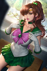 Rule 34 | 1girl, bishoujo senshi sailor moon, blouse, breasts, brown hair, circlet, commentary, desk, gloves, green eyes, hair bobbles, hair ornament, kino makoto, large breasts, lips, long hair, looking at viewer, neoartcore, parted lips, ponytail, sailor jupiter, shirt, sitting, skirt, solo, sunlight, thighs, white gloves, white shirt