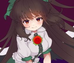 Rule 34 | 1girl, blush, bow, breasts, brown hair, cape, green bow, green skirt, hair bow, iris anemone, light smile, long hair, looking at viewer, medium breasts, puffy short sleeves, puffy sleeves, red eyes, reiuji utsuho, shirt, short sleeves, simple background, skirt, solo, touhou, upper body, very long hair, white cape, white shirt