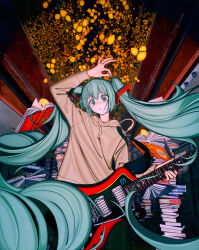 Rule 34 | 1girl, absurdres, arm up, blue eyes, blue hair, book, book stack, commentary request, electric guitar, food, fruit, guitar, hatsune miku, highres, holding, holding guitar, holding instrument, holding plectrum, hood, hoodie, instrument, lemon, long hair, long sleeves, looking at viewer, miku day, open mouth, plectrum, solo, turu, twintails, very long hair, vocaloid