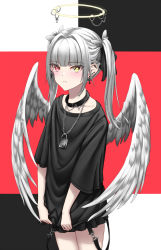 Rule 34 | 1girl, angel wings, black collar, black shirt, blush, chain necklace, closed mouth, collar, collarbone, cross, cross earrings, earrings, eye piercing, feet out of frame, grey hair, hair ribbon, halo, heterochromia, highres, jewelry, lock, long hair, looking at viewer, naga (pixiv70891418), necklace, original, red eyes, ribbon, shirt, simple background, solo, standing, t-shirt, twintails, unhappy, wings, yellow eyes