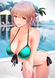 Rule 34 | 1girl, bare shoulders, bikini, blush, breasts, brown eyes, cleavage, collarbone, front-tie bikini top, front-tie top, green bikini, highres, large breasts, leaning forward, light brown hair, looking at viewer, nanahime, open mouth, original, outdoors, pool, poolside, short hair, side-tie bikini bottom, smile, solo, standing, swimsuit, thighs