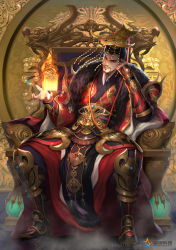 Rule 34 | 1boy, armor, black hair, chinese clothes, company name, dated, facial hair, full body, fur scarf, greaves, guan hat, hand up, headpiece, highres, indoors, kei1115, looking at viewer, male focus, manly, mian guan, mustache, nanashi no game, qin shi huang (nng), sitting, solo, throne, watermark