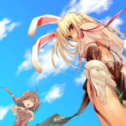 Rule 34 | 2girls, acolyte (ragnarok online), animal ears, cloud, day, fake animal ears, from below, mage (ragnarok online), magician, morii shizuki, multiple girls, outstretched arm, outstretched hand, pelvic curtain, rabbit ears, ragnarok online, reaching, sky