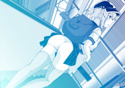 Rule 34 | 1girl, accidental exposure, alternate costume, ass, backpack, bag, blue theme, blush, breasts, commentary request, crop top, crop top overhang, dutch angle, escalator, flat cap, gluteal fold, hair bobbles, hair ornament, hat, highres, kagiyama shachou, kawashiro nitori, large breasts, medium hair, monochrome, no panties, open mouth, school uniform, serafuku, short sleeves, sidelocks, sign, skirt, solo, thighhighs, touhou, train station, train station platform, two side up