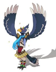 Rule 34 | 1boy, animal feet, anklet, arijuno, armor, arms up, artist name, beak, bird boy, bird legs, bird tail, blue fur, blue hair, blue scarf, blue wings, blush stickers, body fur, braid, breastplate, claws, closed eyes, closed mouth, full body, furry, furry male, highres, jewelry, leg warmers, male focus, medium hair, nintendo, outstretched arms, quad tails, revali, rito, scarf, shadow, shoulder pads, signature, simple background, solo, sparkle, tail, the legend of zelda, the legend of zelda: breath of the wild, twitter username, two-tone fur, u u, white background, white fur, winged arms, wings