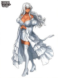 Rule 34 | 1girl, boots, breasts, cleavage, dark-skinned female, dark skin, dress, high heel boots, high heels, horns, kerberos blade, kishiba yuusuke, large breasts, long hair, looking at viewer, puffy sleeves, simple background, smile, solo, standing, tail, thigh boots, white background, white dress, white hair, white horns
