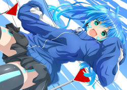 Rule 34 | 1girl, absurdres, aqua eyes, black thighhighs, blue hair, dutch angle, ene (kagerou project), headphones, highres, jacket, kagerou project, long hair, looking at viewer, open mouth, skirt, sleeves past wrists, solo, thighhighs, track jacket, twintails, watarui