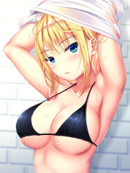 Rule 34 | 1girl, aomine flavia, armpits, arms up, bikini, black bikini, blonde hair, blue eyes, blush, breasts, collarbone, from side, highres, kurokami (kurokaminohito), large breasts, looking at viewer, looking to the side, medium hair, original, parted lips, skindentation, solo, swimsuit, upper body, wet, wet clothes