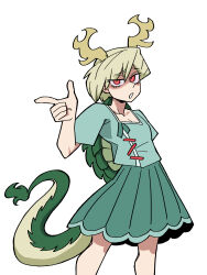 Rule 34 | 1girl, absurdres, aqua shirt, blonde hair, commentary, dragon horns, dragon tail, eddybird55555, english commentary, green skirt, highres, horns, kicchou yachie, looking at viewer, open mouth, red eyes, shirt, short hair, simple background, skirt, solo, tail, touhou, turtle shell, white background