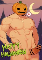 Rule 34 | 1boy, abs, absurdres, bar censor, bara, censored, completely nude, cowboy shot, crescent moon, erection, fujimachine (clayten), halloween, halloween costume, highres, jack-o&#039;-lantern, large pectorals, male focus, moon, muscular, navel, nipples, nude, original, pectorals, penis, pumpkin, solo, testicles, thick thighs, thighs, veins