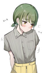 Rule 34 | 1girl, :3, absurdres, arms behind back, blush, breast pocket, collared shirt, flying sweatdrops, green eyes, green hair, grey shirt, highres, idolmaster, idolmaster shiny colors, looking away, looking to the side, motion lines, nanakusa nichika, pocket, shirt, shirt tucked in, short hair, short sleeves, simple background, sjuno, skirt, solo, upper body, white background, yellow skirt