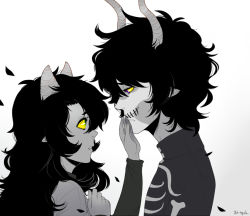 Rule 34 | 1boy, 1girl, black hair, colored sclera, colored skin, fangs, green eyes, grey skin, hand on another&#039;s face, homestuck, horns, jin-nyeh, kurloz makara, long hair, looking at another, makeup, meulin leijon, pointy ears, purple eyes, sharp teeth, short hair, smile, stitched mouth, stitches, teeth, turtleneck, yellow sclera