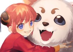 Rule 34 | 1girl, :d, animal, animal hug, arm around neck, blue eyes, bun cover, chinese clothes, close-up, commentary, dog, double bun, gintama, grin, hair bun, hair up, highres, kagura (gintama), long sleeves, looking at viewer, open mouth, oversized animal, pamoo owo, parted lips, portrait, red hair, red shirt, sadaharu, sharp teeth, shirt, sidelocks, simple background, smile, solo, tangzhuang, teeth, white background, white dog