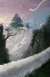 Rule 34 | above clouds, branch, cloud, cloudy sky, commentary, dragon, eastern dragon, fantasy, foreshortening, highres, kai sei, mountain, no humans, original, outdoors, pagoda, perspective, scenery, sky, tree
