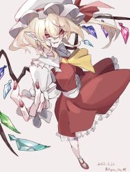 Rule 34 | 1girl, ascot, blonde hair, blood, collared shirt, commentary request, crystal, dated, fang, flandre scarlet, flat chest, frilled shirt collar, frilled skirt, frilled sleeves, frills, full body, grey background, hair between eyes, hat, hat ribbon, long hair, long sleeves, looking at viewer, mary janes, mob cap, negse 38u, one side up, open mouth, pointy ears, red eyes, red footwear, red ribbon, red skirt, red vest, ribbon, shirt, shoes, simple background, skirt, skirt set, smile, solo, standing, touhou, twitter username, vest, white hat, white shirt, wings, yellow ascot