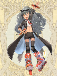 Rule 34 | 1girl, ;d, arm up, arms up, black coat, black jacket, black thighhighs, character request, child, coat, copyright request, female focus, floating hair, formal, full body, grey hair, hair between eyes, hand on own hip, happy, highres, instrument, jacket, knee pads, long hair, looking at viewer, motsunikan (artist), multicolored hair, navel, necktie, one eye closed, open mouth, orange eyes, red tie, roller skates, shirt, shoes, shorts, skates, skindentation, smile, solo, standing, standing on one leg, stomach, streaked hair, suit, sunglasses, sunglasses on head, suspender shorts, suspenders, tagme, tambourine, teeth, thigh strap, thighhighs, tied shirt, tongue, very long hair, white shirt, wings, wink, yellow background