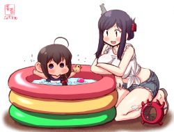 Rule 34 | 2girls, ahoge, alternate costume, artist logo, beanie, black hair, blue eyes, blue shorts, blush, braid, brown hair, commentary request, cutoffs, dated, denim, denim shorts, enemy lifebuoy (kancolle), folded ponytail, hair ornament, hair over shoulder, hat, highres, kanon (kurogane knights), kantai collection, long hair, mosquito coil, multiple girls, one-piece swimsuit, open mouth, partially submerged, red eyes, rubber duck, school swimsuit, shigure (kancolle), shirt, short shorts, shorts, signature, simple background, sleeves rolled up, smile, swimsuit, tied shirt, wading pool, water, white background, white shirt, yamashiro (kancolle), aged down