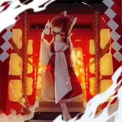 Rule 34 | 1girl, bow, brown hair, cui (jidanhaidaitang), detached sleeves, dress, frilled bow, frilled dress, frilled sleeves, frills, from side, hair bow, hair tubes, hakurei reimu, highres, holding, holding mask, long hair, long sleeves, looking at viewer, mask, red dress, ribbon-trimmed sleeves, ribbon trim, rope, solo, standing, touhou
