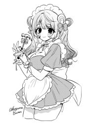 Rule 34 | 1girl, akiyama enma, apron, artist name, blood, blood on face, blood on hands, blush, bow, breasts, choker, cleavage, copyright request, dress, frilled apron, frilled choker, frills, greyscale, hair bow, hair rings, hammer, holding, holding hammer, large breasts, long hair, looking at viewer, maid, maid apron, maid headdress, monochrome, puffy short sleeves, puffy sleeves, ribbon, screentones, short dress, short sleeves, sleeve cuffs, smile, solo, swept bangs, twintails, wavy hair