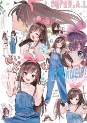 1girl blue_eyes blue_overalls brown_hair hairband highres kizuna_ai kizuna_ai_(2025) kizuna_ai_inc. long_hair multicolored_hair overalls pink_hair pink_hairband streaked_hair sweater tadano_natsu turtleneck turtleneck_sweater two-tone_hair virtual_youtuber white_background white_sweater