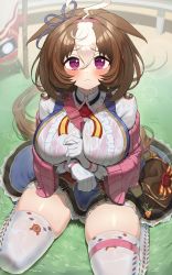Rule 34 | 1girl, :&lt;, @ @, absurdres, ahoge, animal ears, arm between breasts, bag, between breasts, blue ribbon, blue skirt, blush, breasts, brown hair, cardigan, closed mouth, collared shirt, glint, gloves, hair between eyes, hair ribbon, hairband, highres, horse ears, horse girl, horse tail, keureu (tiqkdtiqkd10), large breasts, long sleeves, looking at viewer, medium hair, meisho doto (umamusume), open cardigan, open clothes, pink cardigan, pink hairband, purple eyes, ribbon, shirt, shoulder bag, sitting, skirt, solo, strap between breasts, tail, thick thighs, thighhighs, thighs, umamusume, wariza, white gloves, white hair, white shirt, white thighhighs
