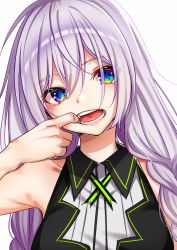 Rule 34 | 1girl, bare shoulders, black dress, blue eyes, braid, collarbone, dress, fang, finger in own mouth, hair between eyes, head tilt, kizuna akari, long hair, looking at viewer, low twintails, purple hair, sidelocks, simple background, sleeveless, sleeveless dress, solo, twin braids, twintails, upper body, voiceroid, white background, yodare (3yami8)