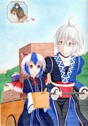 Rule 34 | 1boy, 2girls, ahoge, animal ears, bird wings, bishamonten&#039;s pagoda, blue sky, box, bridal gauntlets, cart, choker, colored pencil (medium), day, flying, glasses, head wings, japanese clothes, kittona, light smile, looking at another, millipen (medium), morichika rinnosuke, mouse ears, mouse tail, multicolored hair, multiple girls, nazrin, red eyes, silver hair, sky, tail, tokiko (touhou), touhou, traditional media, watercolor pencil (medium), wings, yellow eyes