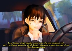 Rule 34 | 1girl, absurdres, black eyes, black hair, black jacket, car interior, chainsaw man, closed mouth, commentary, elliot rodger, english commentary, english text, frown, hand on own chin, hand up, highres, jacket, looking at viewer, medium hair, mitaka asa, rancidronin, solo, steering wheel, subtitled