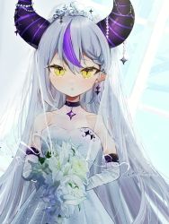 Rule 34 | 1girl, absurdres, akebisousaku, bare shoulders, black choker, blue background, bouquet, choker, collarbone, demon horns, dress, earrings, elbow gloves, flower, gloves, grey hair, highres, hololive, horns, jewelry, la+ darknesss, long hair, looking at viewer, multicolored hair, parted lips, pointy ears, purple hair, slit pupils, solo, streaked hair, very long hair, virtual youtuber, wedding dress, white dress, white flower, white gloves, yellow eyes