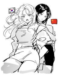 2girls bare_shoulders black_hair crop_top cropped_legs ginoko hand_on_own_hip highres japan-korea_yuri_(meme) long_hair meme midriff miniskirt multiple_girls open_mouth original people&#039;s_republic_of_china_flag sketch skirt south_korean_flag strapless tube_top