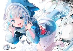 Rule 34 | 1girl, animal hood, bad id, bad pixiv id, barefoot, blue hoodie, claw pose, commentary request, drawstring, fins, fish tail, gawr gura, grey nails, hands up, hololive, hololive english, hood, hood up, hoodie, hoshizaki reita, long sleeves, nail polish, shark hood, shark tail, signature, solo, tail, virtual youtuber, water, water drop, white background, wide sleeves