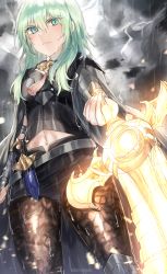 Rule 34 | 1girl, absurdres, armor, artist name, black armor, black cape, black shirt, black shorts, blush, breasts, brown pantyhose, byleth (female) (fire emblem), byleth (fire emblem), cape, closed mouth, clothing cutout, cloud, cloudy sky, commentary, cowboy shot, dagger, emblem, fire emblem, fire emblem: three houses, glowing, glowing weapon, green eyes, green hair, hair between eyes, highres, holding, holding sword, holding weapon, kanniiepan, knife, lightning, long hair, looking at viewer, medium breasts, navel, navel cutout, nintendo, pantyhose, patterned clothing, rain, sheath, sheathed, shirt, short shorts, shorts, sidelocks, sky, solo, standing, sword, sword of the creator, vambraces, watermark, weapon, wet, wet clothes, wet hair