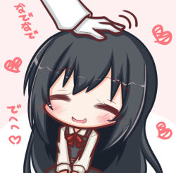 Rule 34 | 1girl, :d, ^ ^, asashio (kancolle), black dress, black hair, blush, closed eyes, commentary request, dress, facing viewer, gloves, hair between eyes, headpat, heart, kantai collection, komakoma (magicaltale), long hair, long sleeves, open mouth, out of frame, pinafore dress, shirt, sleeveless, sleeveless dress, smile, solo focus, translation request, v arms, very long hair, white gloves, white shirt