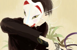Rule 34 | 1boy, beige background, brown eyes, brown hair, drawing sword, flower, flower request, fox mask, gakuran, holding, holding sword, holding weapon, katana, looking at viewer, male focus, mask, mask pull, original, purple ribbon, re:i, ribbon, school uniform, sheath, solo, sword, unsheathing, weapon, yellow background