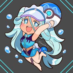 Rule 34 | :d, absurdly long hair, absurdres, ball, barefoot, beachball, blue eyes, blue hair, blush, chibi, colored eyelashes, creatures (company), game freak, harurukan, hatsune miku, highres, holding, holding ball, holding beachball, leg up, light blue hair, long hair, nintendo, open mouth, piano print, poke ball, pokemon, potion (pokemon), project voltage, smile, solo, swimsuit, tan, tanline, twintails, twitter username, very long hair, vocaloid, water miku (project voltage)